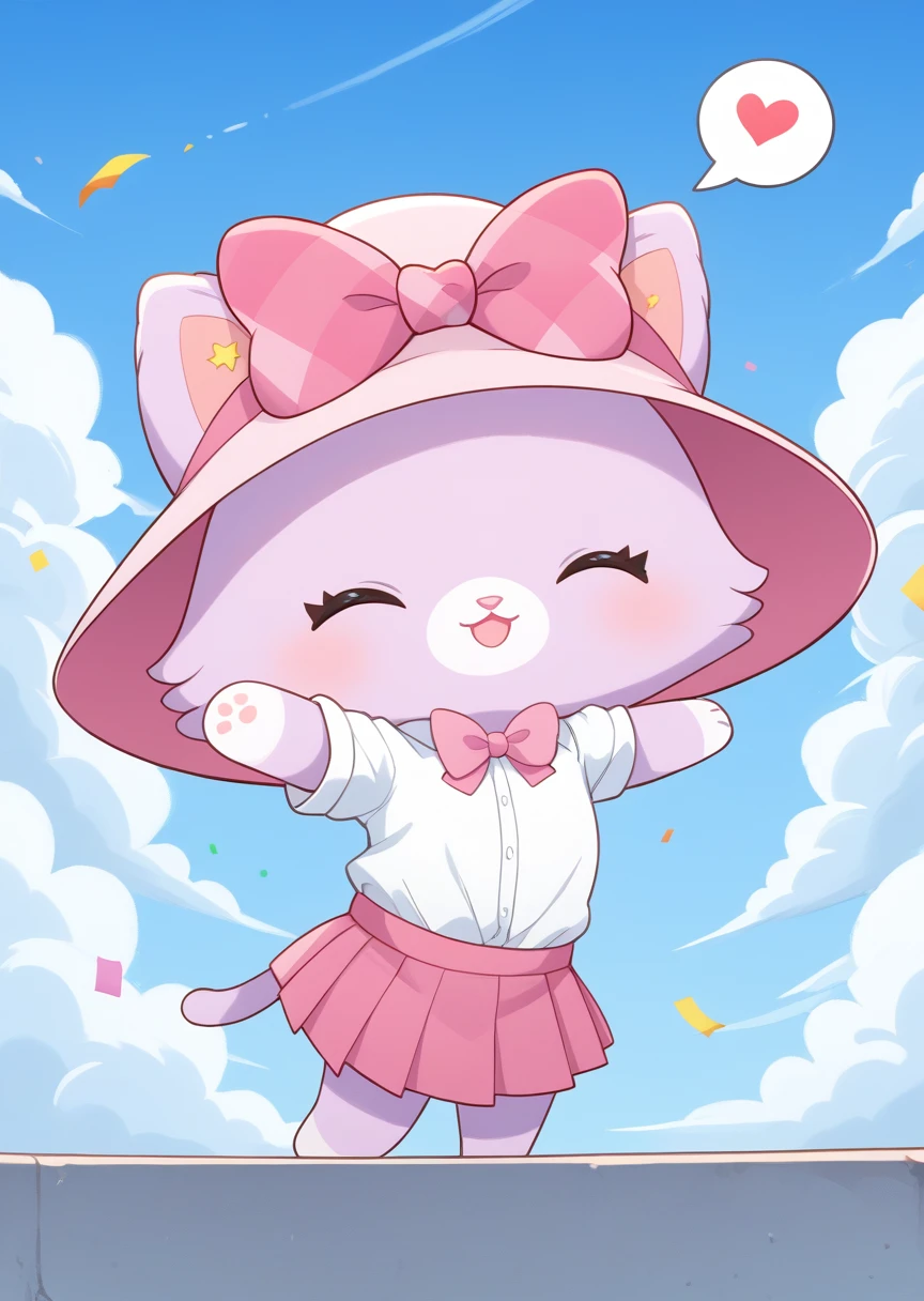 score_9, score_8_up, score_7_up, score_6_up, score_5_up, BREAK
Mew (Mewkledreamy), Furry, Furry female, solo, skirt, shirt, hat, bow, closed eyes, open mouth white shirt, pleated skirt, sky, cloud, bowtie, blue sky, no humans, animal, cat, cloudy sky, >_<, pink bow, pink skirt, bubble, pink headwear, confetti, animal focus, pink bowtie, spoken heart