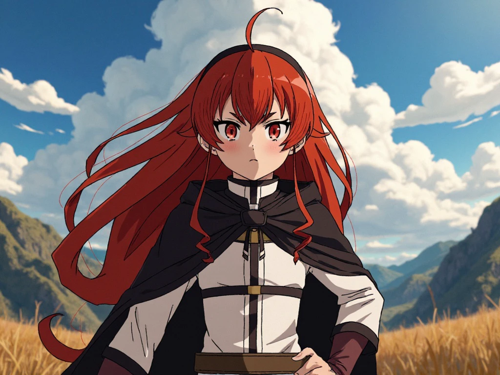 erisgreyrat stands confidently, her fiery red hair flowing in the wind, framing her determined face with piercing amber eyes. She wears a hooded capelet. The scene captures the essence of anime style, with sharp lines, vibrant colors, and dynamic shading that brings out her bold, energetic spirit amidst a dramatic landscape.