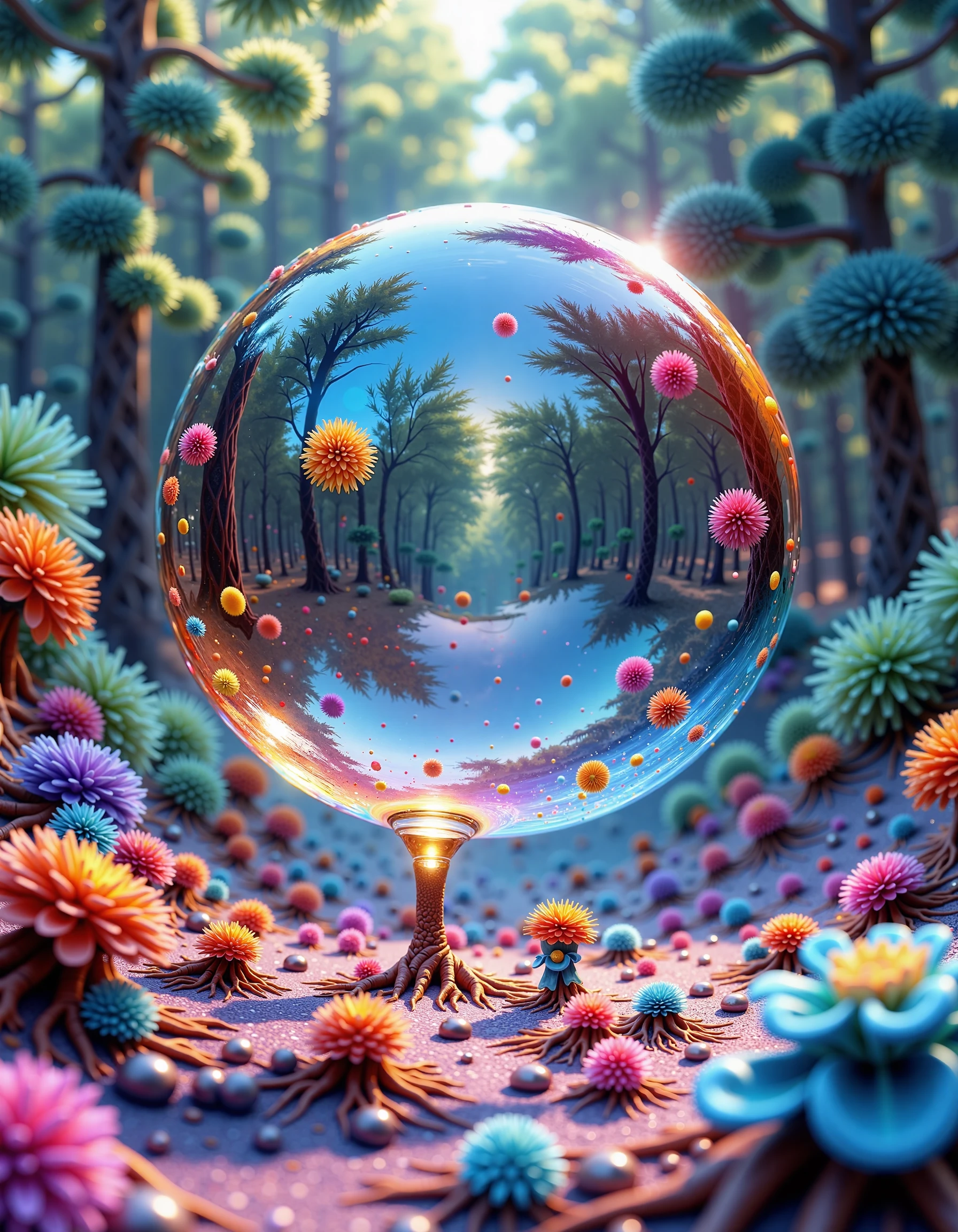 An impossibly crisp macro shot of a soap bubble floating in midair, its surface a kaleidoscope of swirling colors and patterns. The bubble's edges are Sharper than reality, defying physics. Background elements are unnaturally clear, showcasing the Bokeh reducer effect. Intricate, fractal-like structures dance across the bubble's surface, demonstrating More details than the eye could ever perceive. In a burst of More Creativity, tiny, fantastical creatures can be glimpsed living inside the bubble-world. This hyper-real, mind-bending image pushes the boundaries of imagination and technical possibility, making viewers question the limits of photography and digital art.