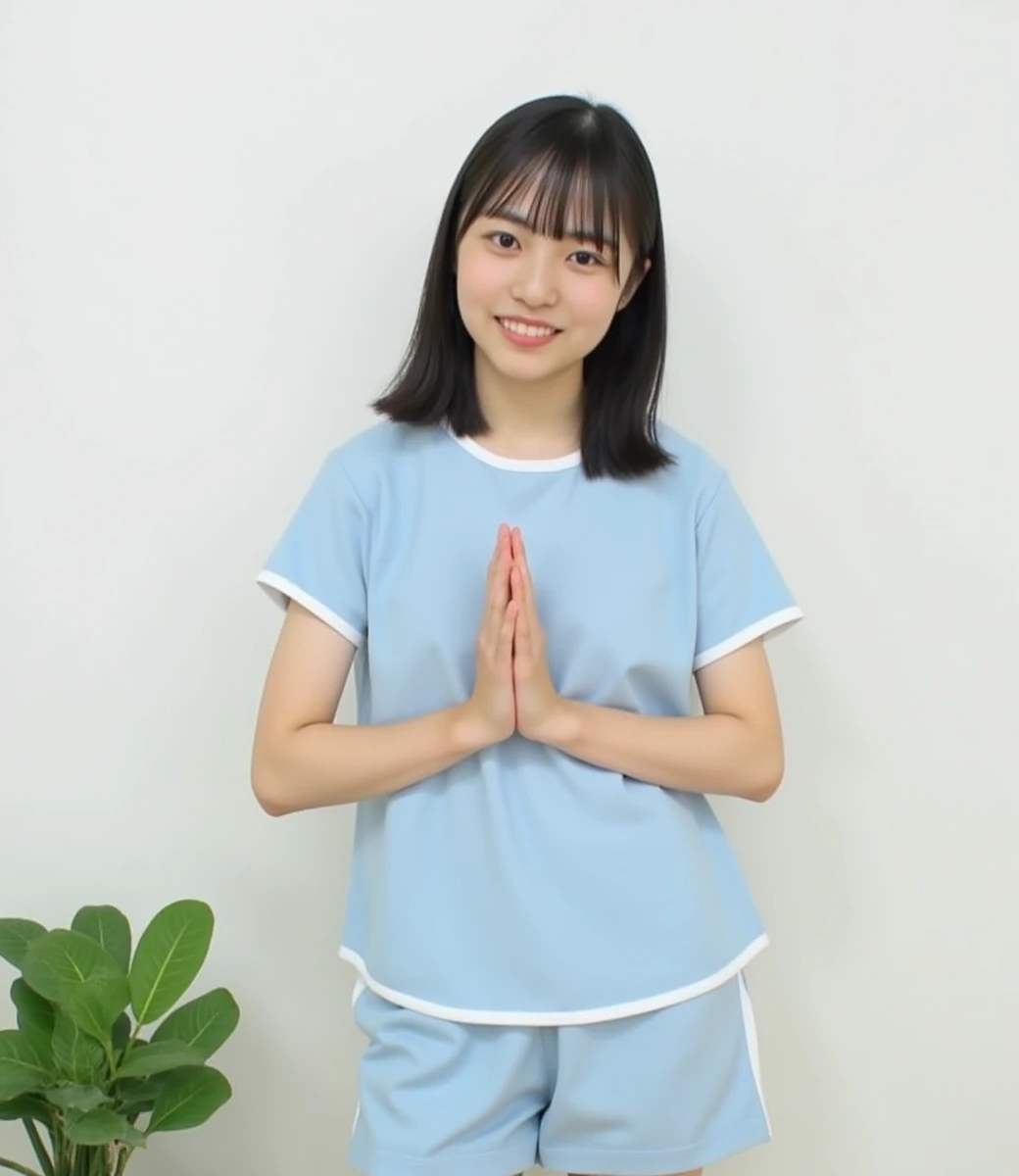 SHOGENJI, The image shows a young woman standing in front of a white wall with a potted plant on the floor. She is wearing a light blue t-shirt and shorts, with short sleeves and a round neckline. She has shoulder-length dark hair with bangs and is smiling at the camera. Her hands are clasped together in a prayer-like gesture, with her palms facing each other. The plant in the pot is a large, green plant with large leaves. The overall mood of the image is peaceful and serene.