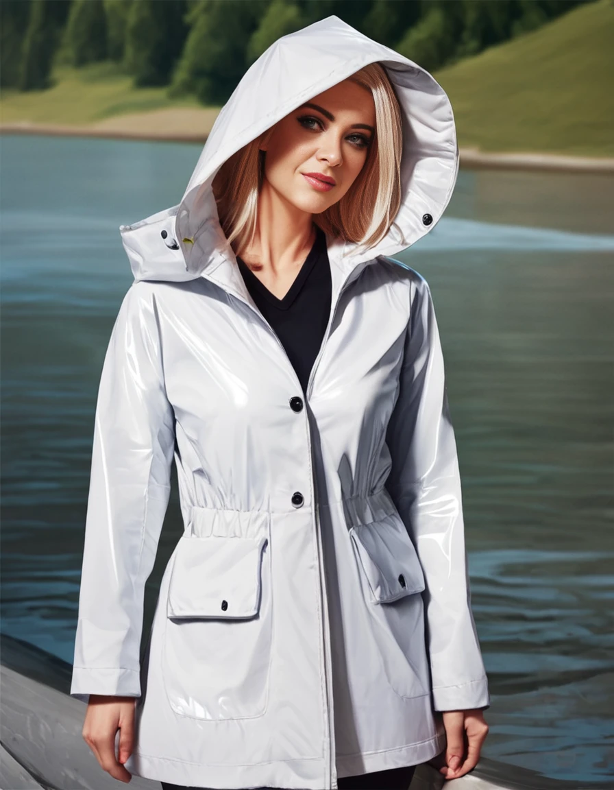 score_9_up,score_8_up,score_7_up,realistic,<lora:Raincoats:1>,raincoat,vinyl raincoat,hood,outdoors,1girl,solo,white raincoat,