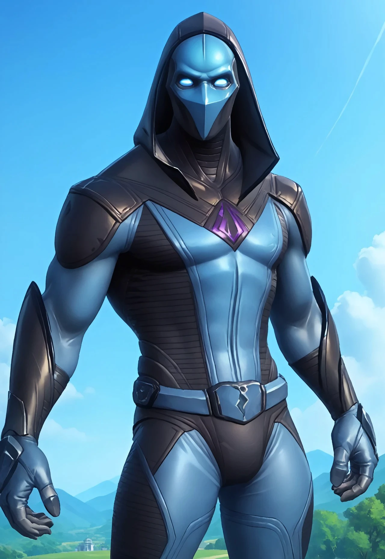 score_9, score_8_up, score_7_up, source_anime, omenfort, 1boy, solo, humanoid, mask, hood, bodysuit, blue eyes, looking at viewer, dynamic pose, BREAK, outdoors