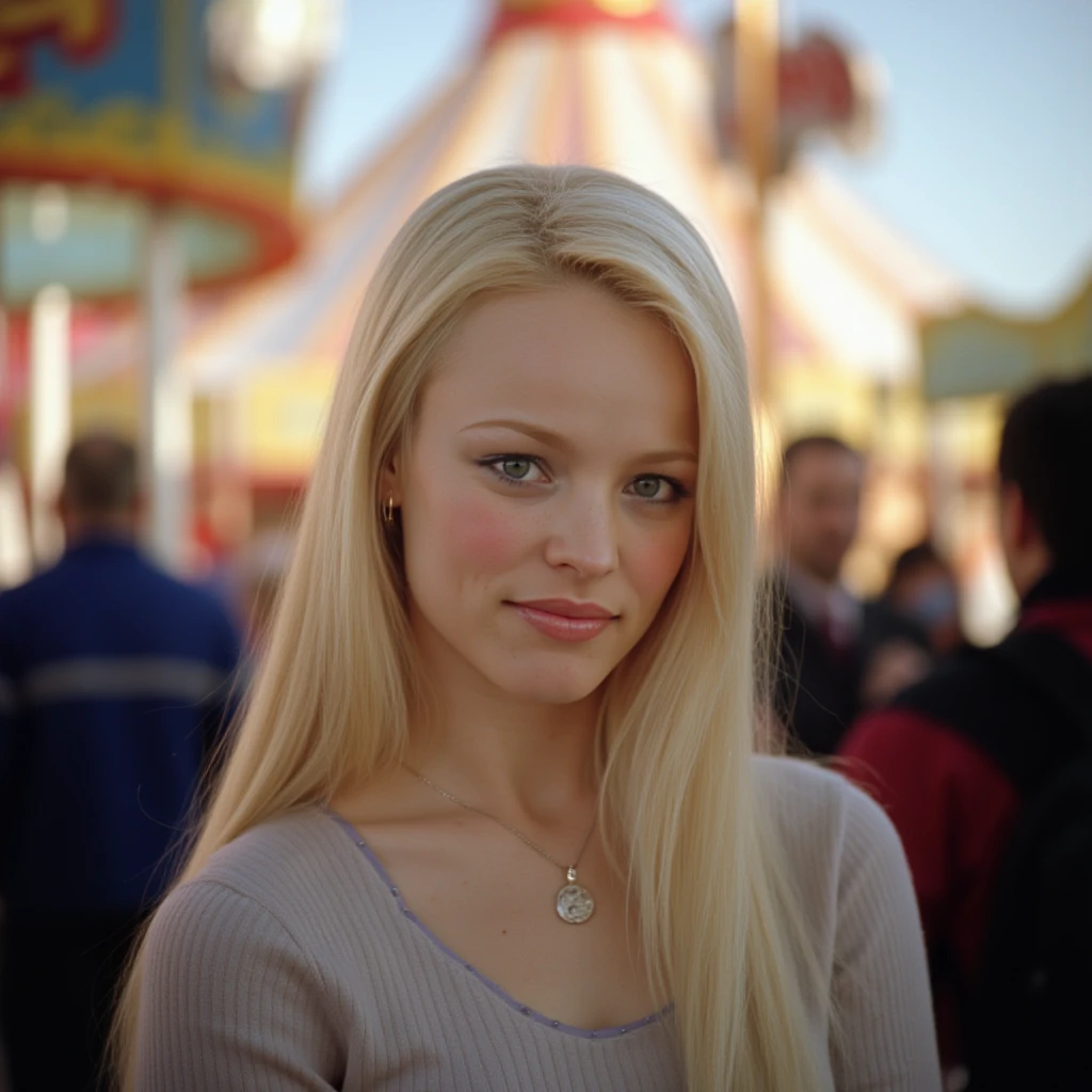 woman, blonde, half body shot, light makeup, looking at viewer, wearing a sweater, at a carnival ,blurry background, high quality