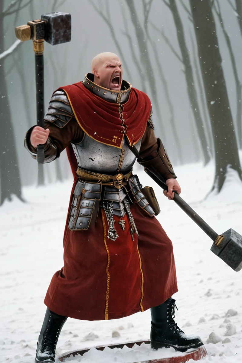 photorealism, snow, face close up, upper body face focus, solo, <lora:Warrior_Priest_of_Sigmar_Mark_of_Chaos_XL-000009:0.8> w4rr1orpr1st, bald male shouting, battle stance, action pose, swinging war hammer,  two-handed, , armor, red robes, red capelet, gold trim, boots, metal collar, holding war hammer, book at waist, skull symbol necklace, intricate details, high resolution,