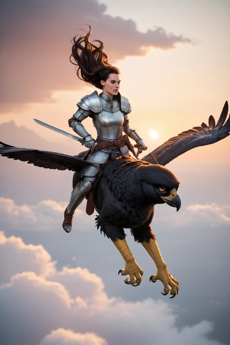 source_realistic, photorealistic sky, in the air, <lora:last-000050:0.8> empg3n3r4l, 1girl, full armor, no helmet, long dark hair, young, pauldrons, greaves, flying, (riding winged griffon:1.3), barding, holding sword in both hands , PonyXL_Scores, PonyXL_HQ, <lora:StS_detail_slider_v1:1>