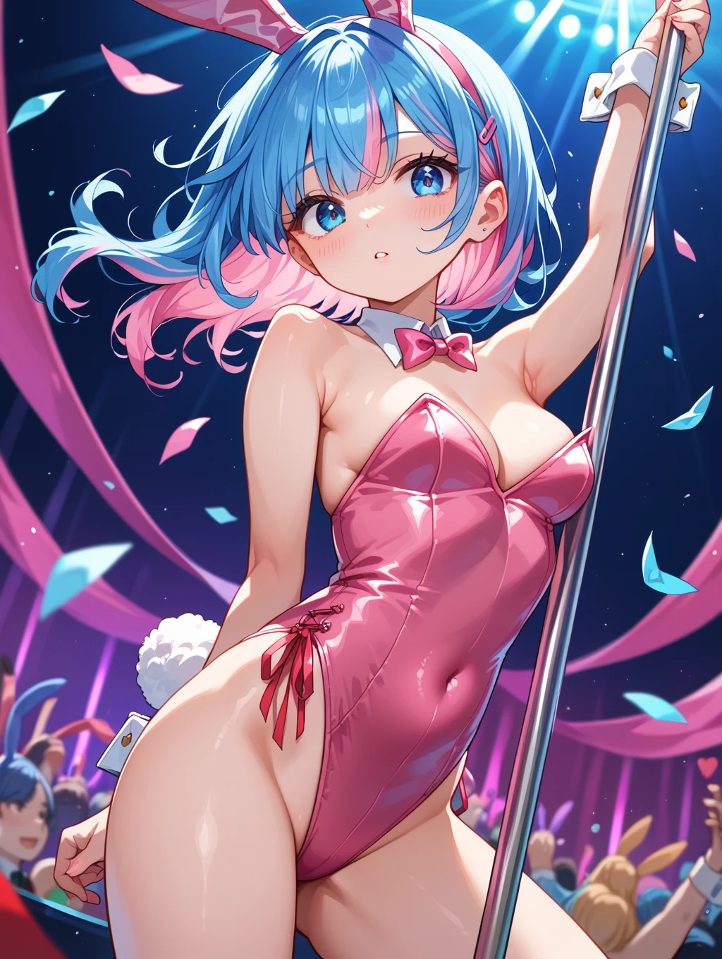 score_9, score_8_up, score_7_up,source_anime,
1girl,blue hair,pink hair,two-tone hair,blue eyes, rabbit ears,playboy bunny,leotard,bare shoulders,ribbon,pole dance,dynamic_angle,depth of field,looking_at_viewer,