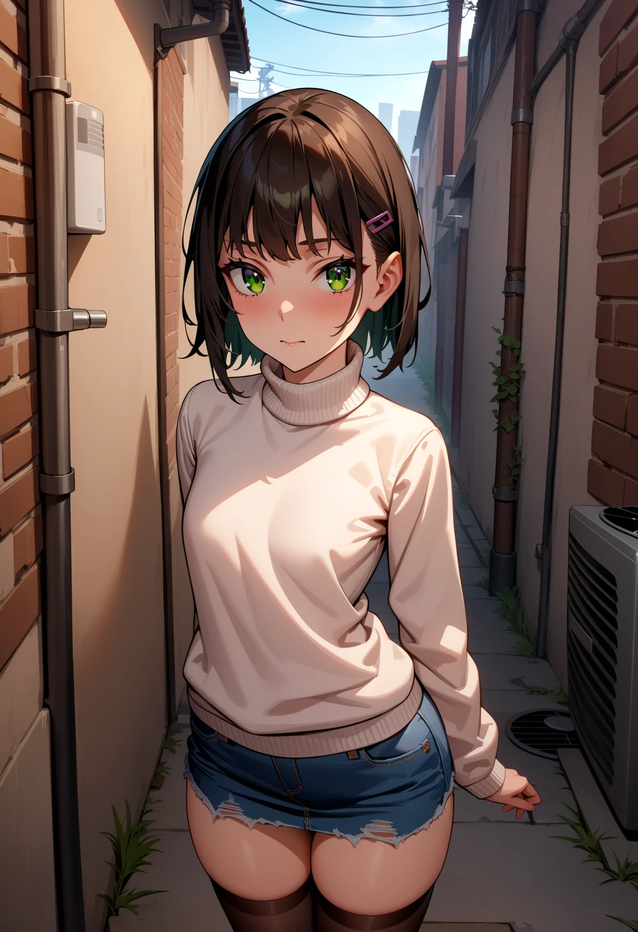 masterpiece,best quality,very aesthetic,absurdres,
1girl,
<lora:Shoujo_v1+2+3:1>,shoujo02,green eyes,hairclip,lwhite sweater,white turtleneck sweater,zettai ryouiki,denim_skirt,black_thighhighs,sneakers,<lora:Fixhands_anime_bdsqlsz_V1:1>,
looking at viewer,standing,cowboy shot,back alley,air conditioner,looking_at_viewer,posing,, masterpiece,best quality, very aesthetic, absurdres, ultra detailed, high resolution, 4k, extremely detailed CG,