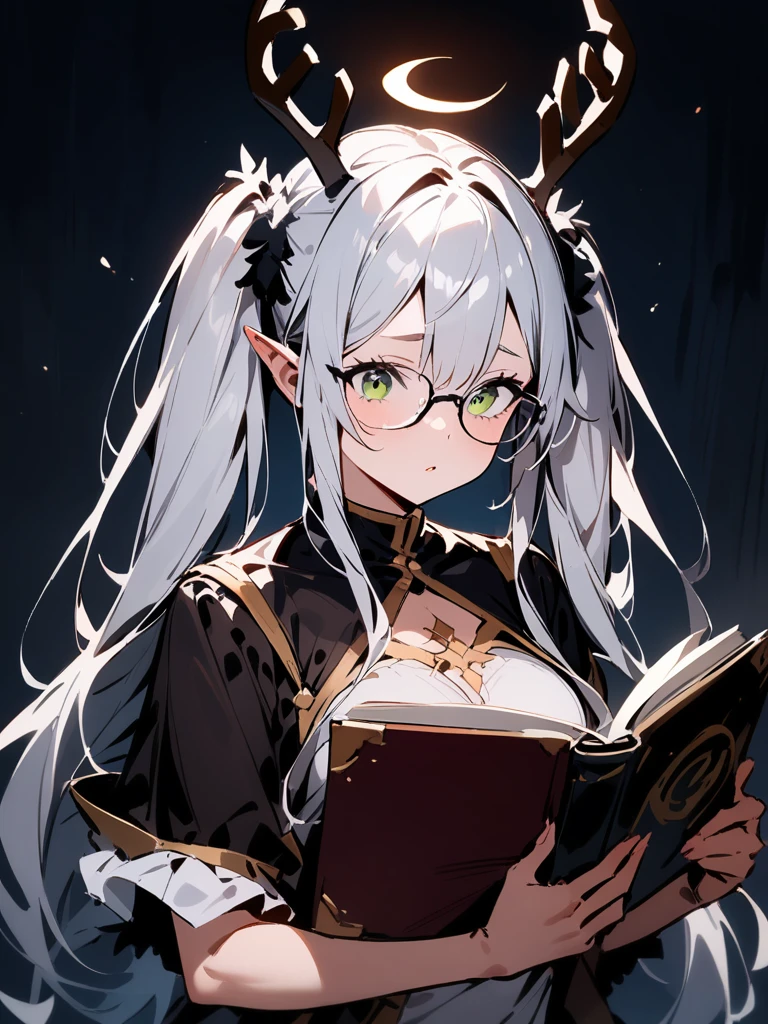 ,cernunnos(sv),1girl,solo,holding_book,thinking,open_book,glasses,<lora:cernunnos-000012:1>, masterpiece, best quality, very aesthetic, absurdres