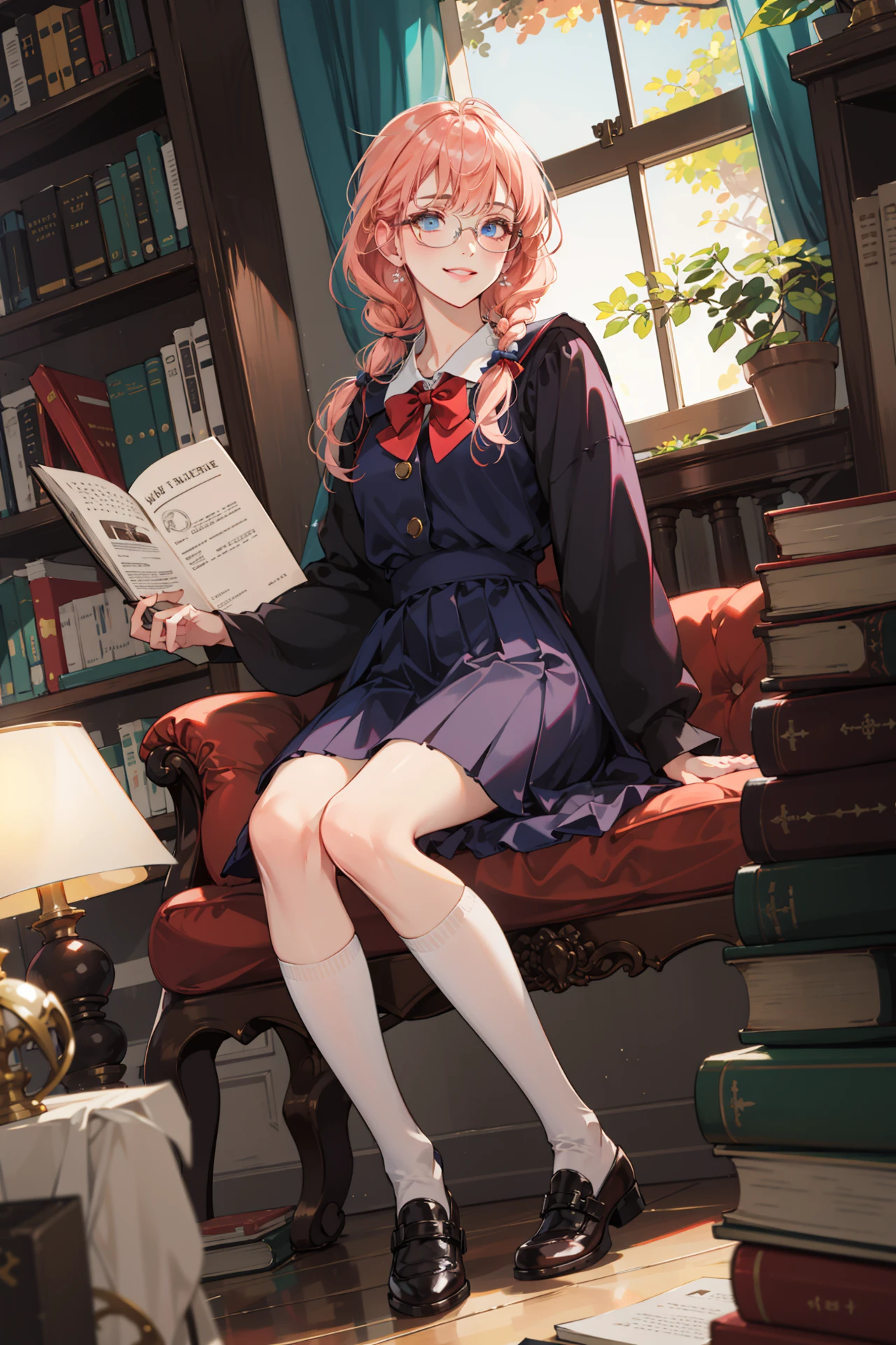 (absurdres, highres, ultra detailed, masterpiece, best quality), full body, dutch angle, finely detailed eyes and detailed face, intricate details, complex background, cinematic lighting, 1girl, solo, braided hairstyle, Salmon pink hair, light blue eyes, depth of field, smile
Library, many books, bookshelves, glasses, school uniform, bookshelves focus, magnificent, still, calm
