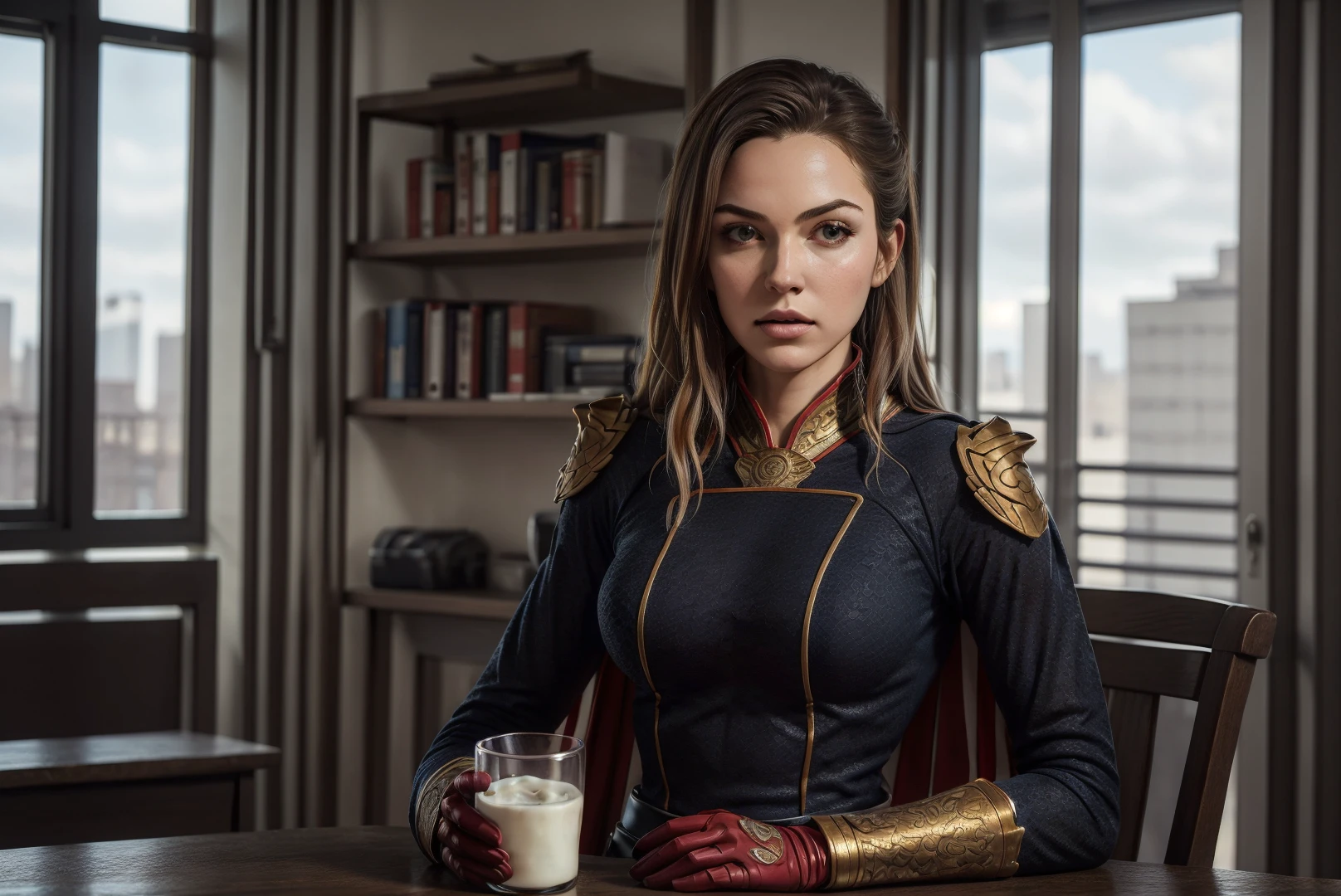 1girl,solo,homelander,shoulder,cape,gloves,((drinking milk)),indoors,office,cowboy shot,Highly detailed,(ultra-detailed),(best quality,masterpiece:1.5),