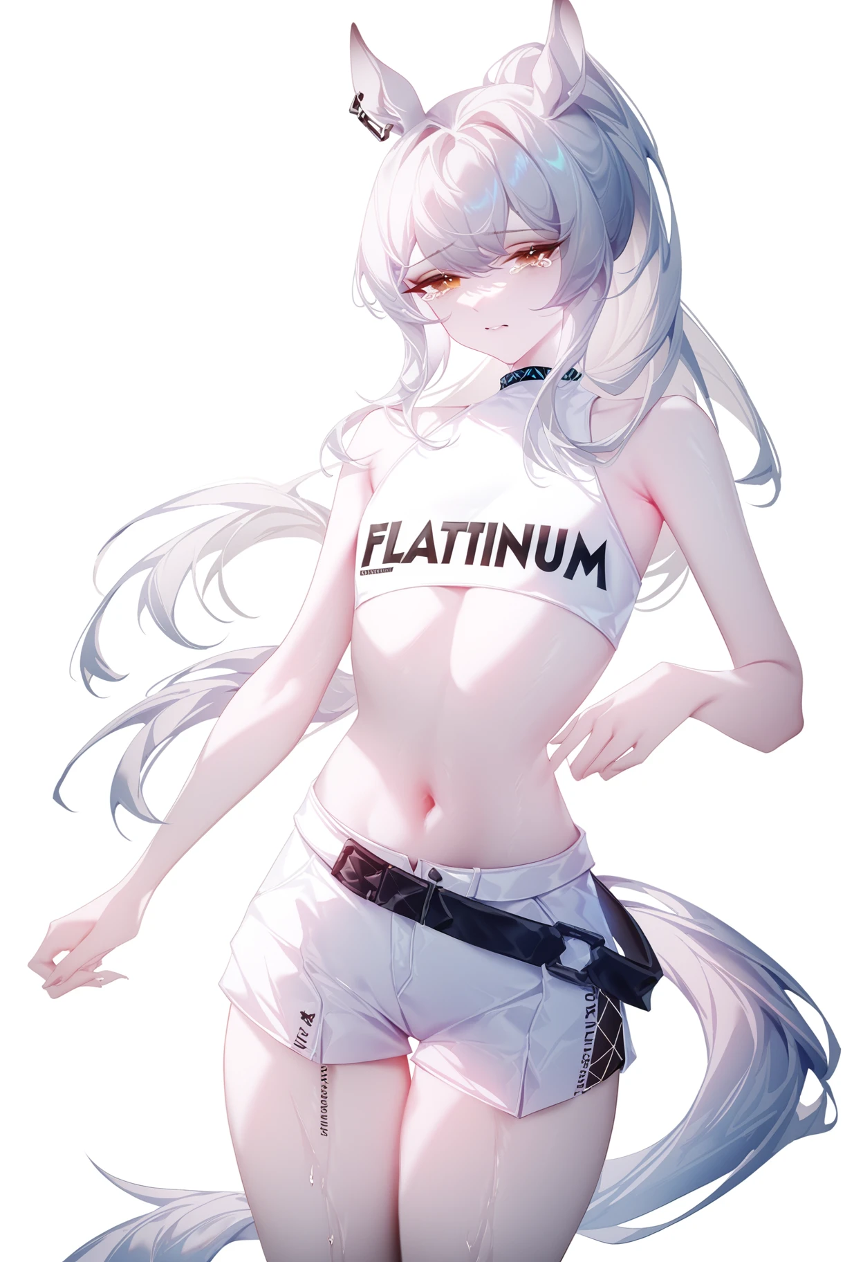 by tuzhate, best quality, masterpiece, (text above girl "Flatinum":1.2),
1girl, platinum \(arknights\), horse girl, horse ears, horse tail, long white hair, ponytail, pale skin, crop top, flat chest, adult female, midriff, white shorts, hips, standing, tears, cowboy shot, white background, simple background,
pale skinned girl in front of completely white background