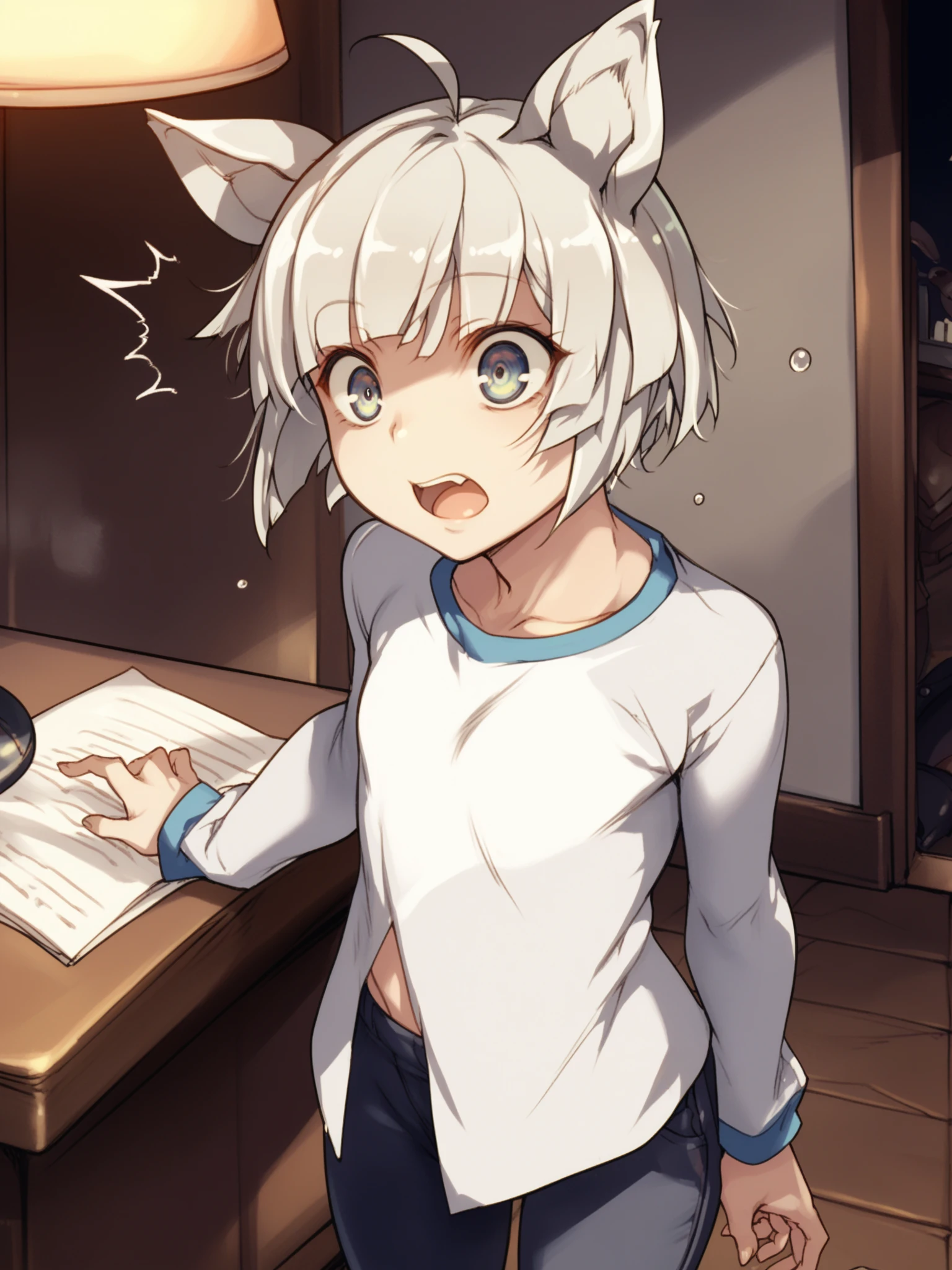 1girl, anime, nude, indoor, white hair, medium hair, vagina, masturbating