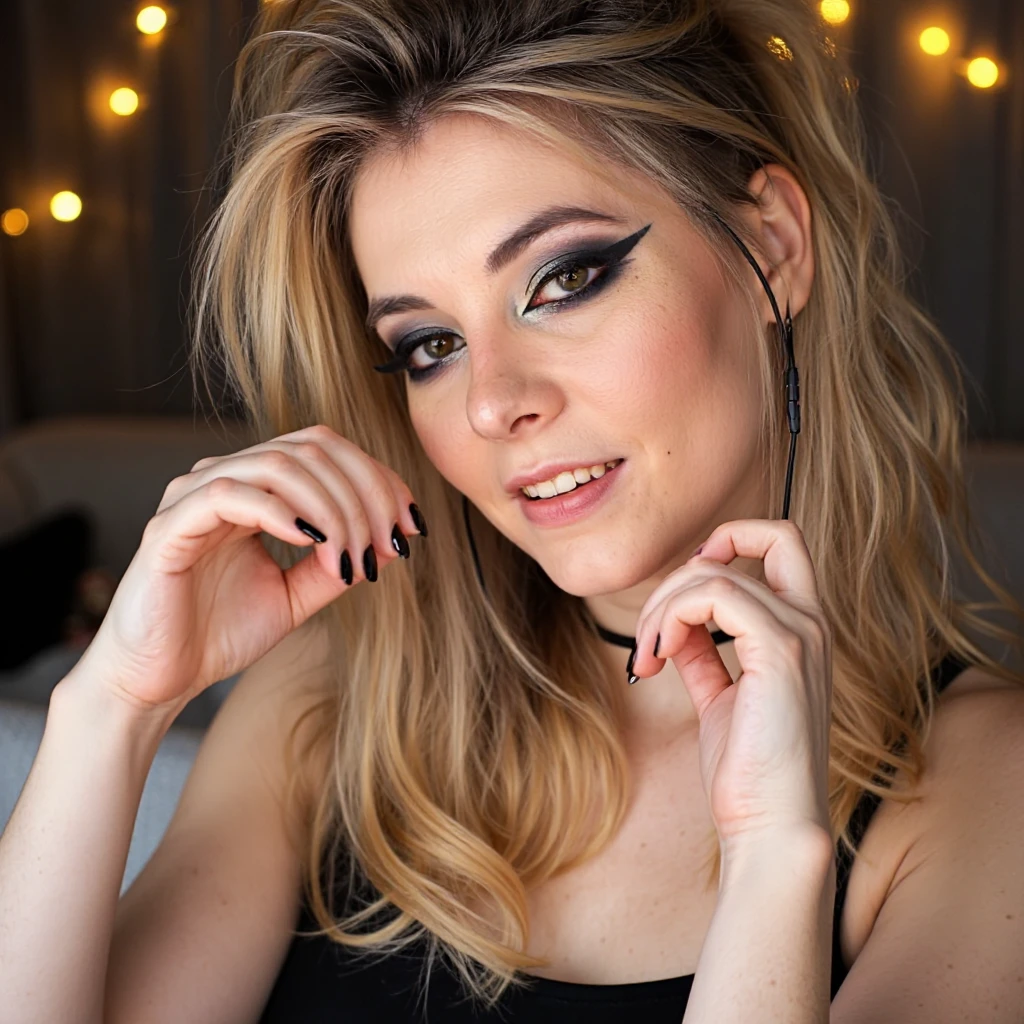 A photo of a woman. The photo includes her entire body. She has bold black eyeliner. She has smoky eyeshadow. She has a slight grin. She is looking directly into the camera. She has a natural skin texture. The skin is very detailed including skin pores. She has black nail polish. 
She is sitting in a cozy, warmly lit room. She is wearing a black dress.