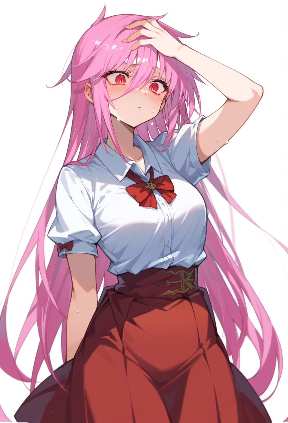 score_9, score_8_up, score_7_up, source anime, kurusu miki, 1girl, long hair, red eyes, slit pupils, red skirt, red bow, pink hair, blush, breasts, very long hair, hair between eyes, white shirt, solo, puffy short sleeves, hand on forehead, sweat on face, white background, <lora:kurusu_miki-xl-pony-v1:1>,