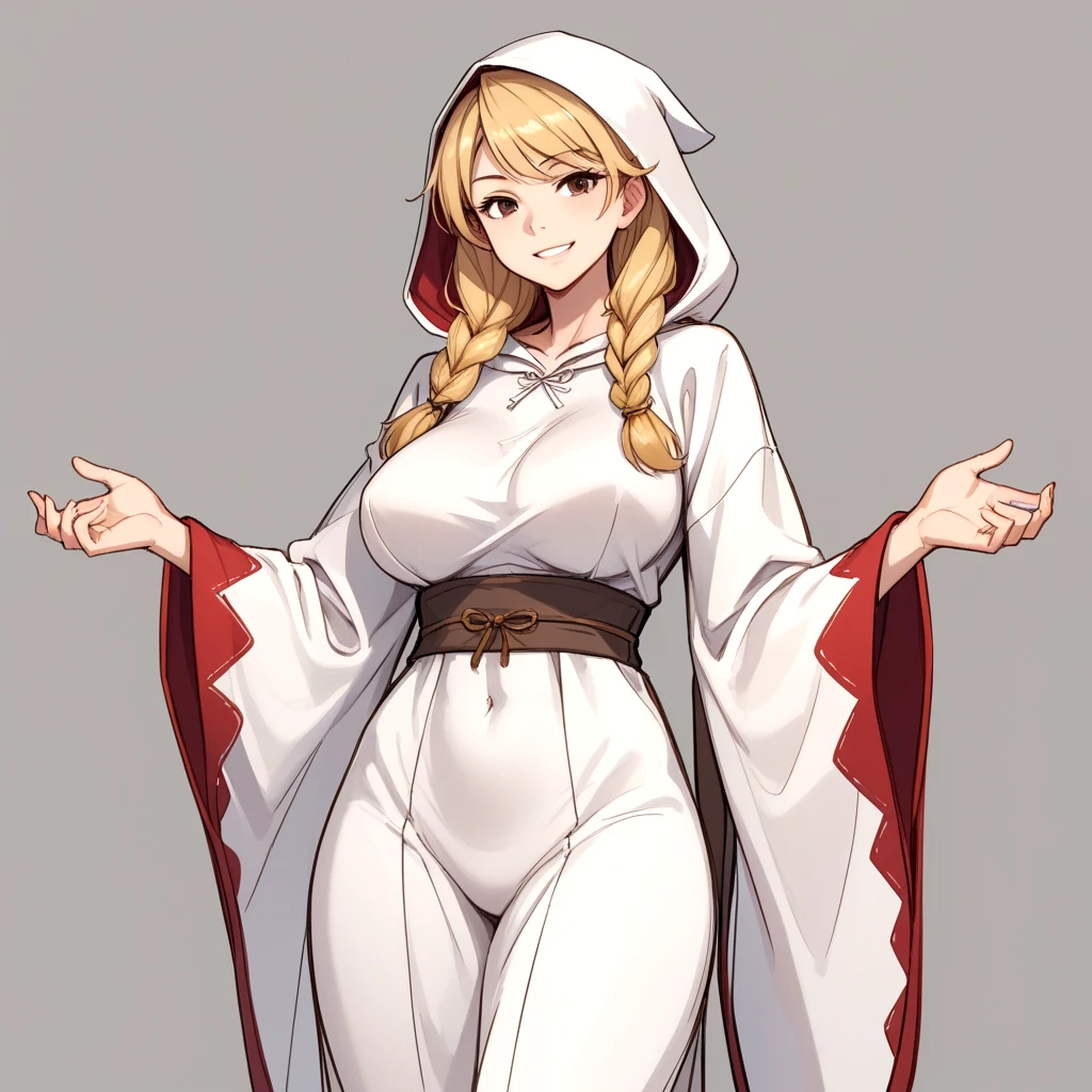 large breasts, (abs:0.5), <lora:Final_Fantasy_Tactics_White_Mage:.5> fftwhitemage, 1girl, solo, twin braids, hood, smile, braid, blonde hair, long hair, brown eyes, looking at viewer, hair over shoulder, robe, wide sleeves, breasts, sketch, sketch manga style traditional media croquis colored (medium),, score_9, score_8_up, score_7_up, BREAK,, sexy pose, sexy, slutty, seductive, flirty, flirt, posing seductively,, thin waist, tight body, athletic body,, strong legs, strong thighs, barefoot,