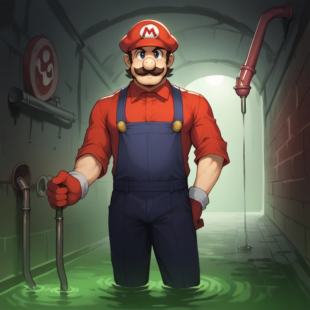 score_9, score_8_up, score_7_up, score_6_up, score_5_up, score_4_up, zPDXL2,source_anime,rating_questionable,1boy, solo, mario, red hat, moustache,  looking at viewer, cowboy shot, <lora:Sewer:0.8> s3wer, sewer, pipes, underground