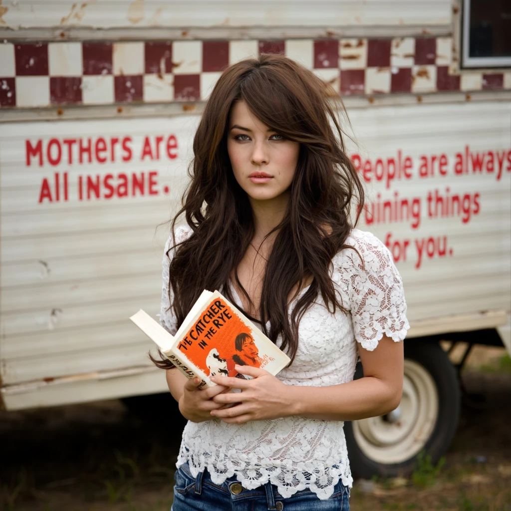 A portrait of mylene_jampanoi with long, wavy hair, standing outdoors. She wears a white lace top and blue jeans, holding the book 'The Catcher in the Rye' in her hands. The background is a weathered trailer with a checkered pattern and the words 'Mothers are all insane.' and 'People are always ruining things for you' painted in red. The woman's pose is relaxed. The image style is candid and natural, capturing a moment of stillness.<lora:MyleneJ_F1D:1>