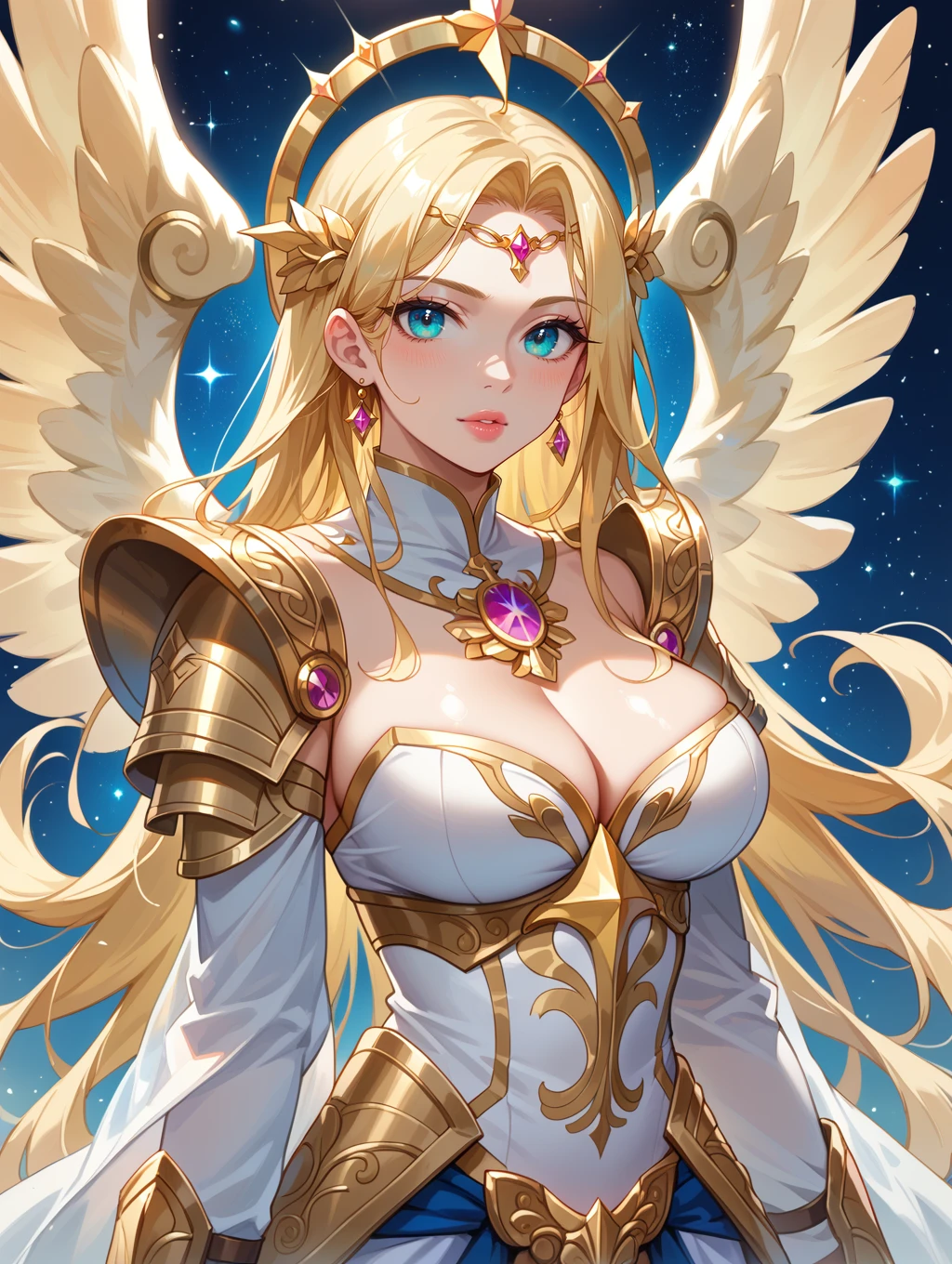 score_9, score_8_up, score_7_up,source_anime,
gorgeous lips, cinematic, very beautiful girl, The archangel is depicted in his divine form a majestic, serene figure with a radiant aura. Her face is calm and compassionate,She is adorned with a shining halo and resplendent golden armor that reflects his celestial origins. Her wings are large, white, and feathery, spreading out behind him in a display of divine grace. She wields a glowing, celestial sword, sexy outfit, big breasts