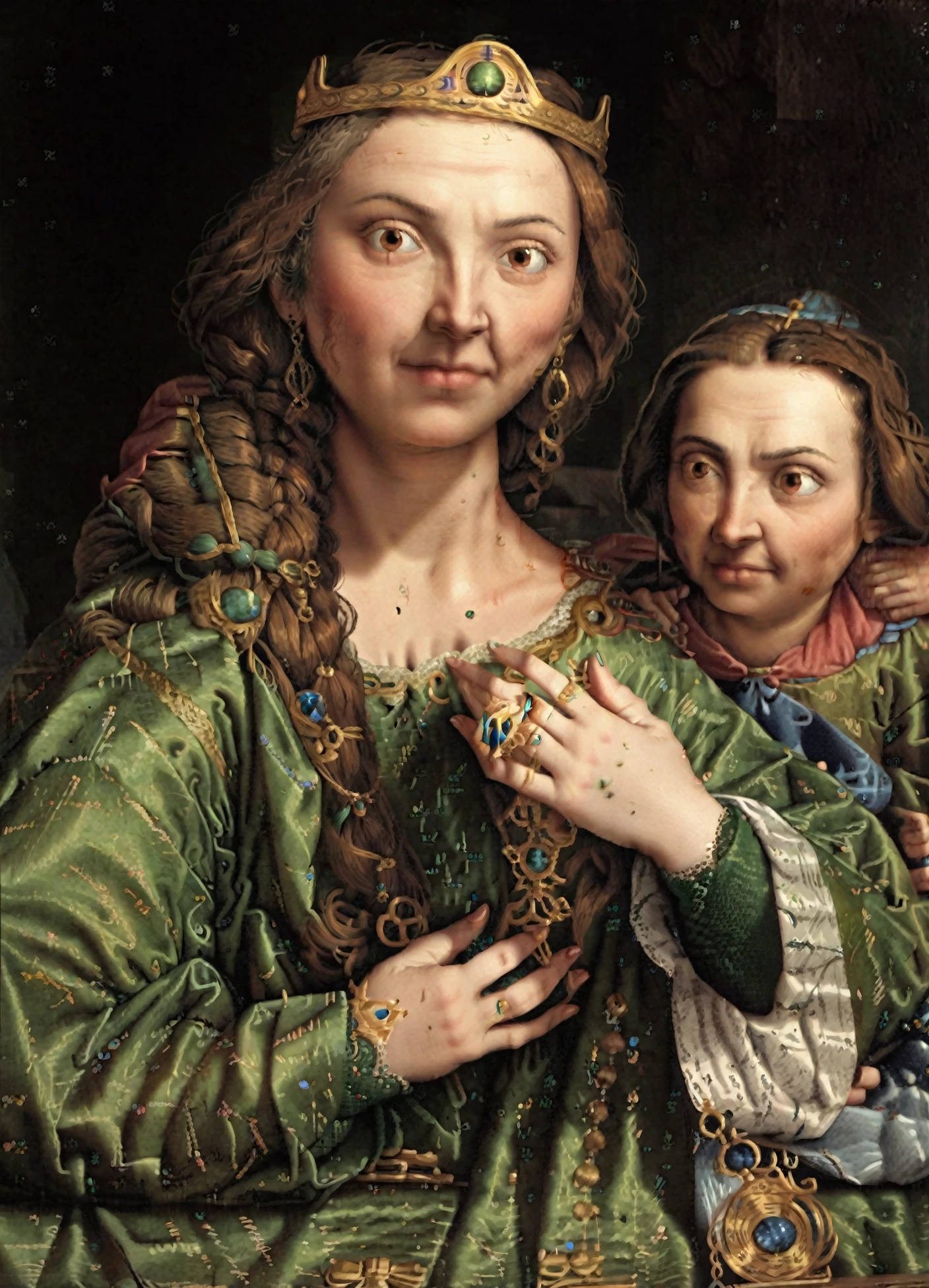 <lora:carracci_pony_v1:1>  '  queen elinorpdxl ' by carracci agostino in 1599,portrait \(genre\), baroque \(style\),    <lora:Queen ElinorPDXL_v1:0.95> , crown, green dress, jewelry, long hair, score_9, score_6_up, score_7_up