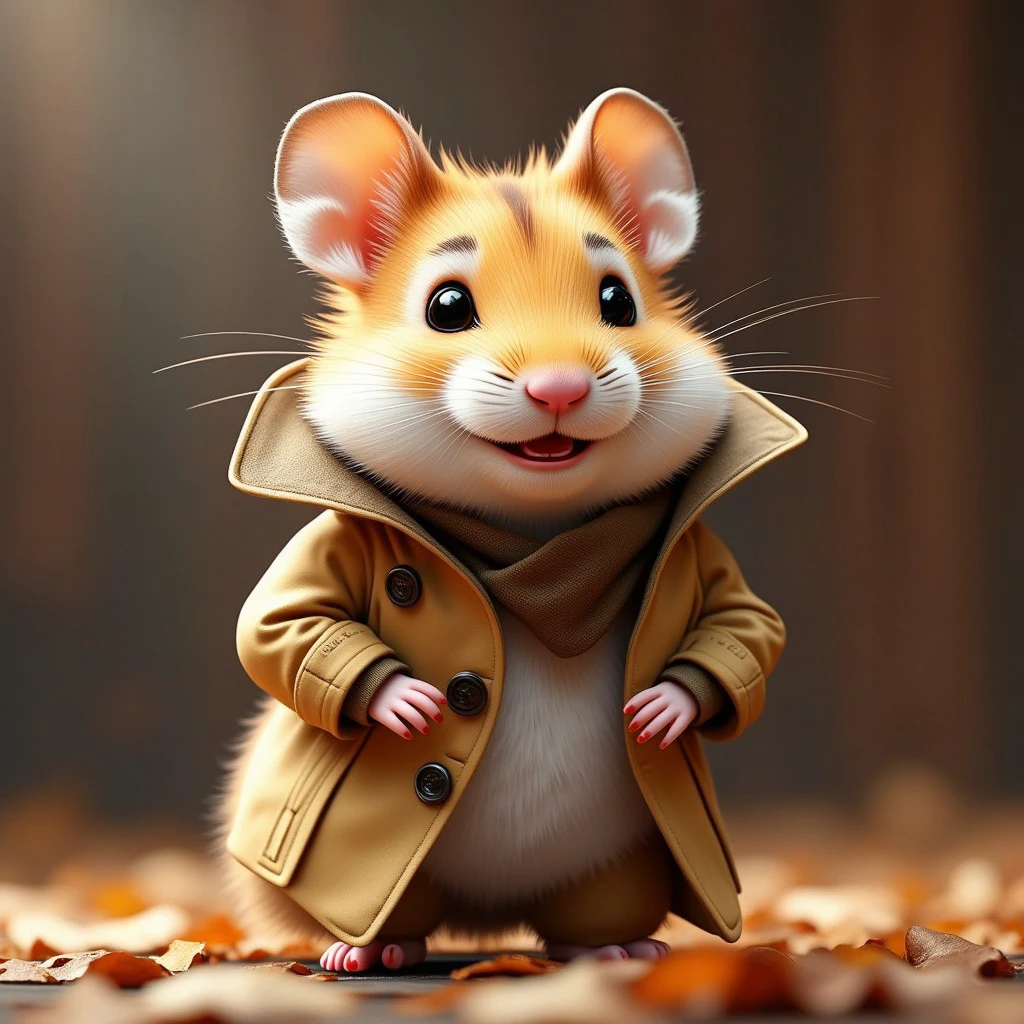 a realistic cute extreme doodle chibi hamster character smiling, wearing a TrenchCoat, doodle art style, super hyper realistic, cinematic volumetric lighting, shot with Sony Fx6