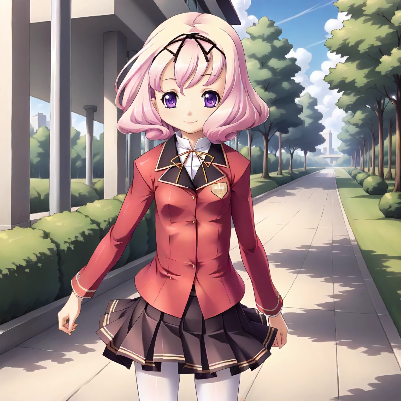 <lora:SDG_SizukuYuzukiXLpony001>,
outdoors,nature,
smile,
solo,
SizukuYuzuki,1girl,pink hair,short hair,purple eyes,
hair ribbon,
school_uniform,red jacket,
pleated_skirt,
white_pantyhose,
standing,