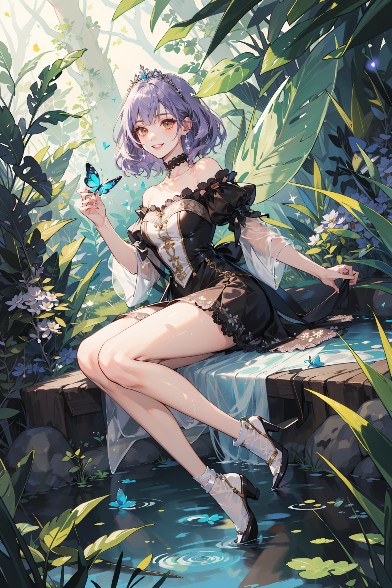 (absurdres, highres, ultra detailed, masterpiece, best quality), full body, dutch angle, finely detailed eyes and detailed face, intricate details, complex background, cinematic lighting, 1girl, solo, medium hair, light purple hair, brown eyes, smile
fairy, fairytale, silk, lace, tiara, shining gem, jewelry, colorful bubbles, glass fragment, water drops, glitter, sparkle, twinkle, prism, butterflies, flowers, forest, pond, trees, mythical, wing, rainbow, silent, majestic