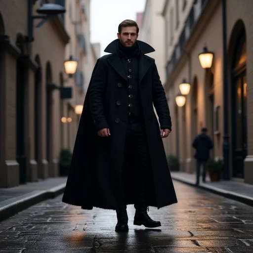 a very handsome strong man in a black trenchcoat and boots standing in a street, wearing black leather trenchcoat, gothic coat, black draconic - leather, stylish coat for a rave, black greatcoat, hyper ultra cinematic volumetric lighting, wide shot with Sony Fx6