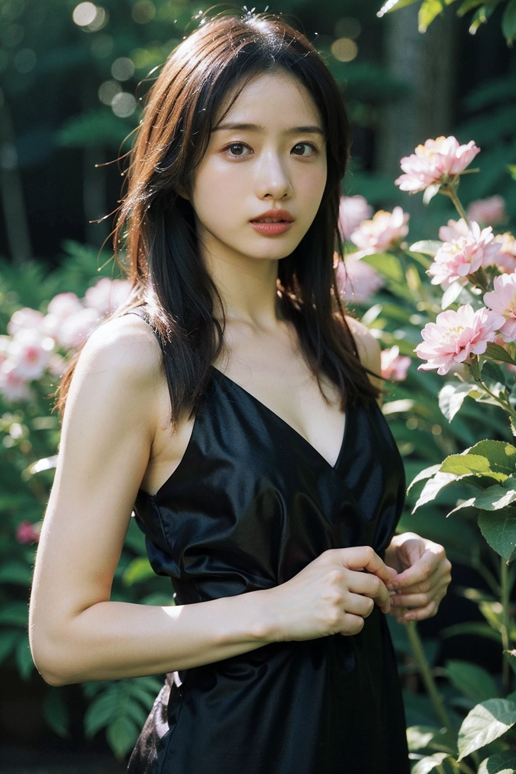 Best quality, masterpiece, ultra high res, (photorealistic), raw photo,1girl, skinny, upper body,solo, realistic, looking at viewer, bokeh background, black long dress, flowers, forest,  <lora:makina69_ishiharasatomi_v1.0:1>