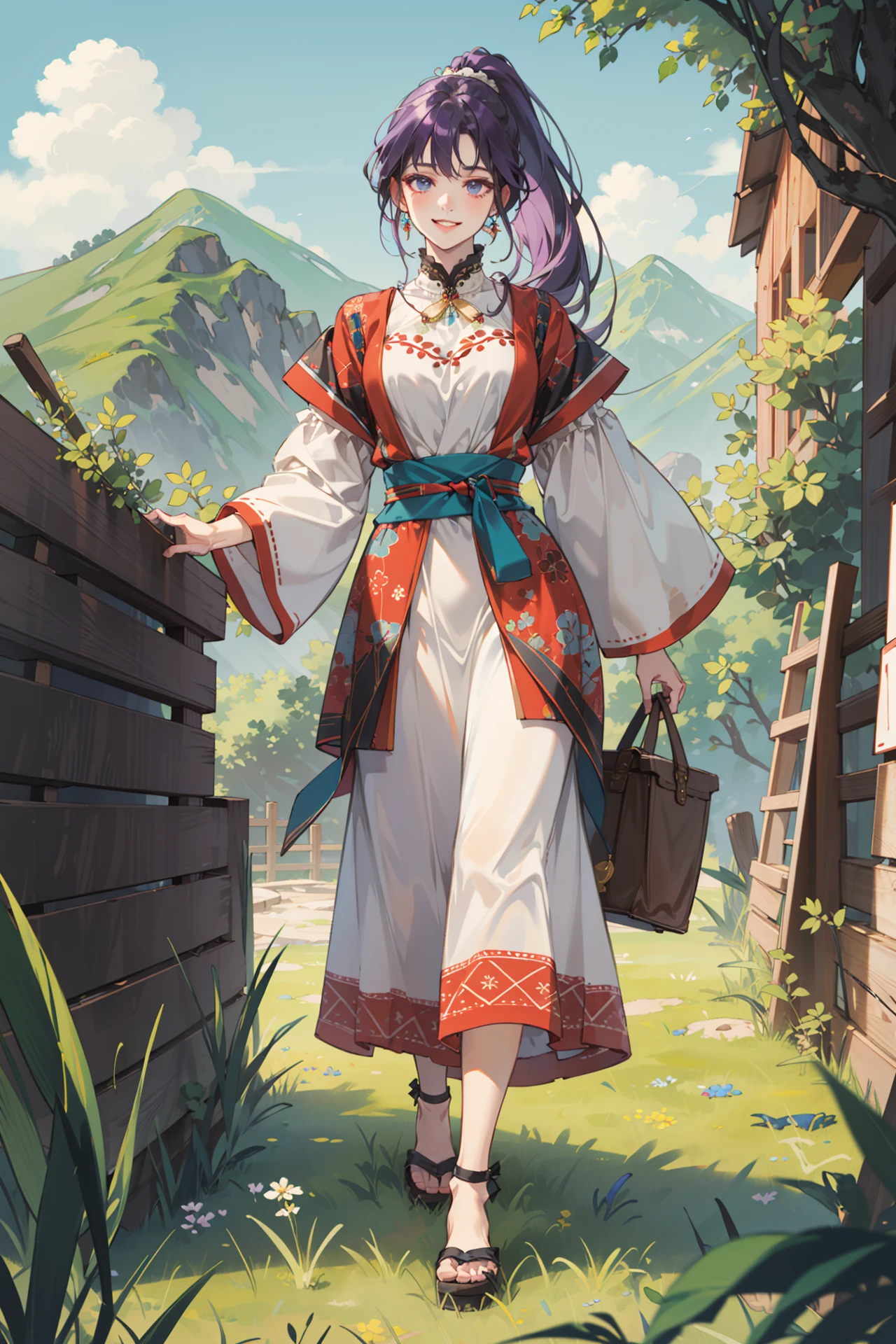 (absurdres, highres, ultra detailed, masterpiece, best quality), full body, dutch angle, finely detailed eyes and detailed face, intricate details, complex background, cinematic lighting, 1girl, solo, ponytail, purple hair, teal eyes, depth of field, from directly below, smile, (album cover)
walking, loitering pose, farms, goats, sheep, shepherds, plains, mountains in the distance, pastures, grass, weeds, hedges, herders, piper, peaceful, tranquil, secluded, ethnic style, traditional clothing, vibrant patterns, handmade textiles, cultural motifs, beaded jewelry, artisanal accessories