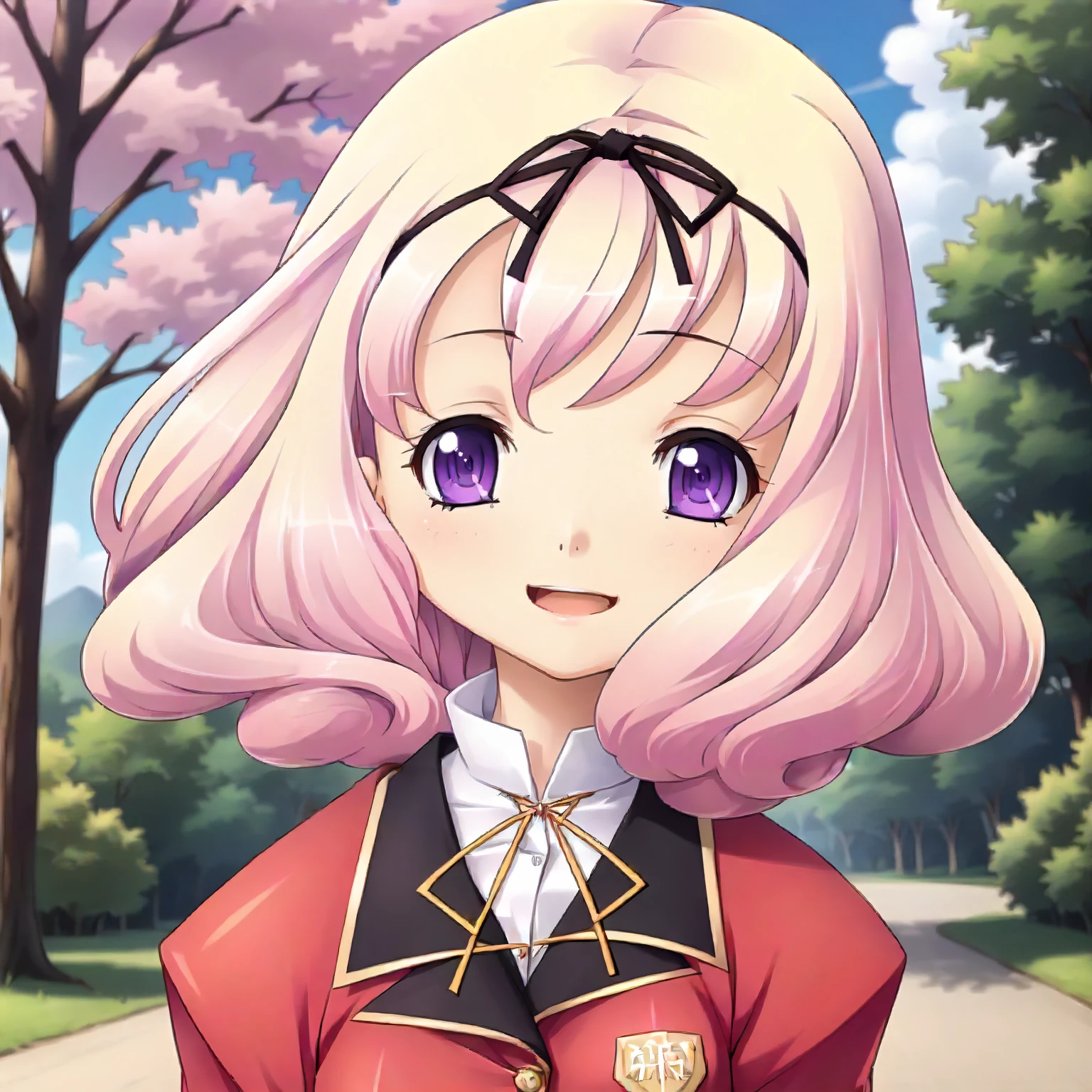 <lora:SDG_SizukuYuzukiXLpony001>,
outdoors,nature,
smile,open mouth,
solo,
SizukuYuzuki,1girl,pink hair,short hair,purple eyes,
hair ribbon,
school_uniform,red jacket,
upper body,