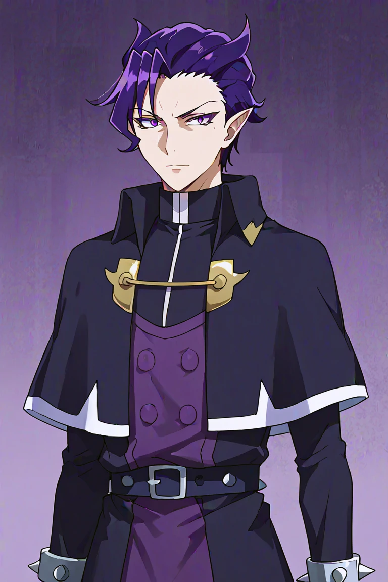 score_9, score_8_up, score_7_up, source_anime, rating_safe, KalegoWDI, (purple_Kalego_hair), purple_Kalego_eyes, 1boy, male focus, dark blue-white-gold_Kalego_capelet, purple_Kalego_buttons-drapery, dark blue-white_Kalego_long-sleeve turtleneck dress, grey_Kalego_spiked bracelet, black-grey_Kaelgo_belt