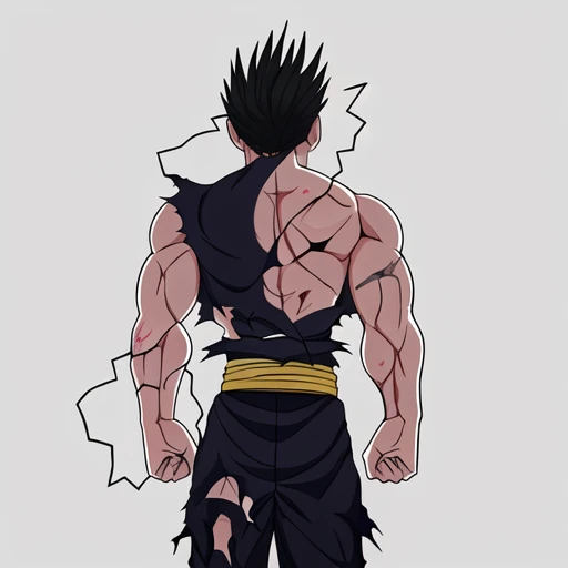 muscular, blood, electricity, injury, yellow eyes, serious, clenched hands, grey background, sash, simple background, from behind, standing, facing away, aura, clenched teeth, day, torn clothes