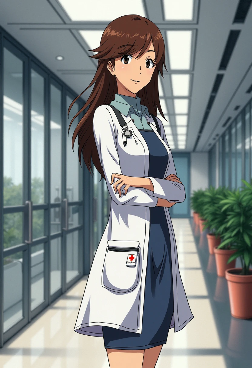 A detailed portrait of suzuharasakura. 
Anime style, sharp, high contrast and highly detailed. Ghibli anime style. Perfect anatomy. Perfect body ratio. No oversized head. No blurry, out of focus pictures. No simple background, no single color background. 
She is wearing a labcoat, a shirt, a pencil skirt. She is standing in a modern hospital lobby, looking at the camera with a gentle smile. On her labcoat there is an Id card that reads "Dr. Suzuhara".
   <lora:Suzuhara Sakura - Flux prototype_epoch_5:1>