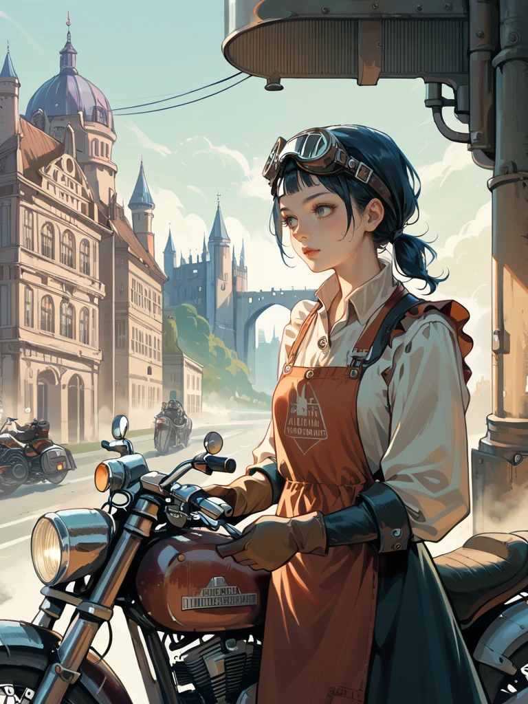 score_9,score_8_up,score_7_up,source_anime,<lora:dieselpony:1>,higres illustration,dieselpunk,1girl,upper body,motorcycle,apron,castle,goggles,industrial pipe,