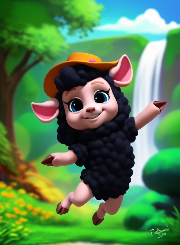 <lora:SheepOhMyGenYif:1>  SheepOhMyGen,  black sheep, black wool, blue eyes, body  wool,  brown hooves, brown hat, chibi, small body,
Looks at the viewer, [  solo, (nature), forest, day, clouds, waterfall,  smile,]  (jumping )
(beautiful, aesthetic, perfect, delicate, intricate, saturated colors), masterpiece, digital drawing, best quality,
by ulitochka, by taran fiddler, by Silverfox5213, by personalami,