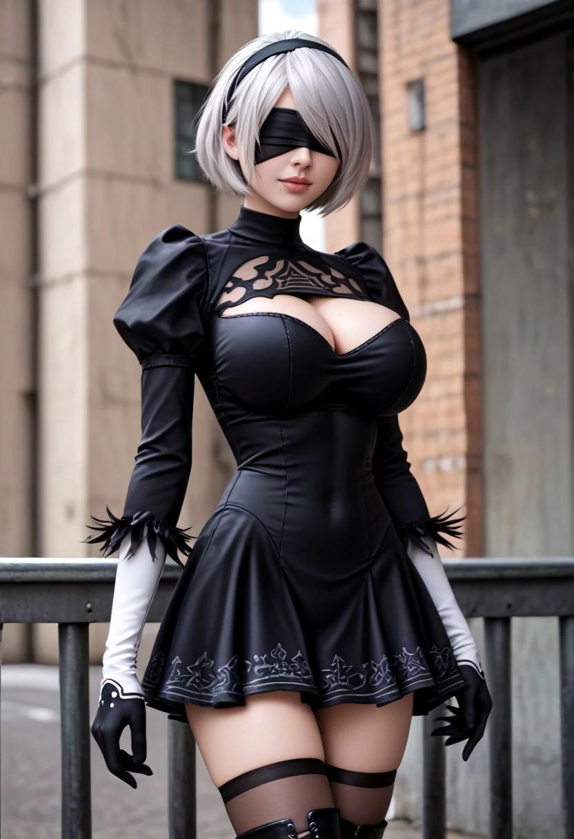 score_9, score_8_up, score_7_up, realistic:2, photorealistic:2, realistic detailed skin:2, realistic detailed face:2, perfect eyes:2, realistic detailed background, uncensored, BREAK,
2B, Yorha 2B, NieR Automata, silver hair, short hair, (black blindfold, covered eyes, mole under mouth), long sleeves, puffy sleeves, juliet sleeves, feather trim, black thighhighs, white elbow gloves, black gloves, black dress, flair skirt, thigh boots, outdoors, factory, buildings,