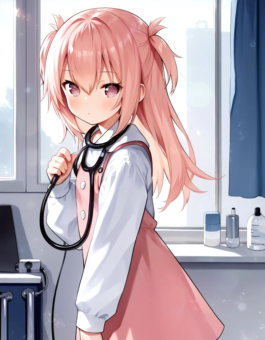 score_9, score_8_up, score_7_up,score_6_up,score_5_up,score_4_up, 1girl ,pink hair, stethoscope, long sleeves, pink dress, ribbon, sleveless_dress, two side up, clinic, from side, sleeves past wrists,white shirt, hair between eyes, pink eyes, 
<lora:kiira_style_pony6_v1:1>