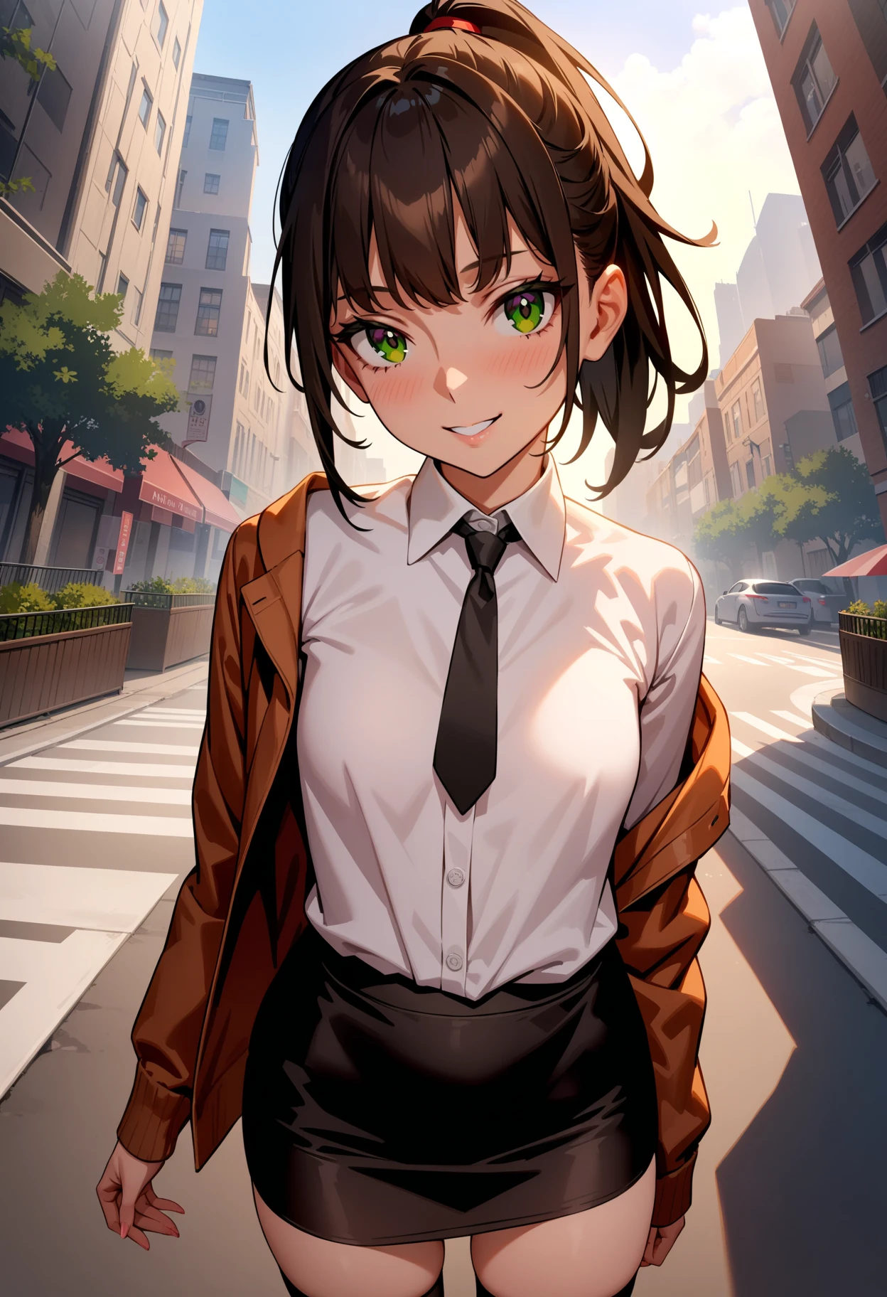 masterpiece,best quality,very aesthetic,absurdres,girl,solo,
<lora:Shoujo_v1+2+3:1>,shoujo03,ponytail,green eyes,white blouse,black tie,gray pencil skirt,black_thighhighs,loafers,<lora:Fixhands_anime_bdsqlsz_V1:1>,light_blush,looking_at_viewer,city,smile,standing,, masterpiece,best quality, very aesthetic, absurdres, ultra detailed, high resolution, 4k, extremely detailed CG,