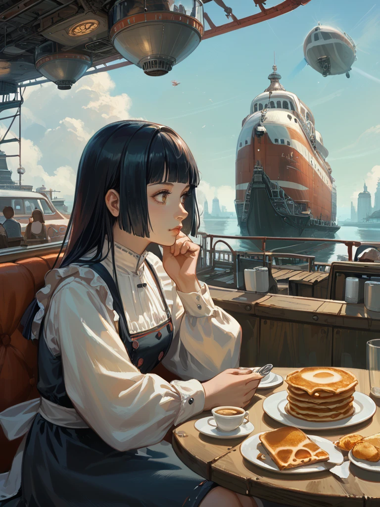 score_9,score_8_up,score_7_up,source_anime,<lora:dieselpony:1>,higres illustration,dieselpunk,1girl,upper body,sitting,cafe,dress,hime cut,airship,pancake,