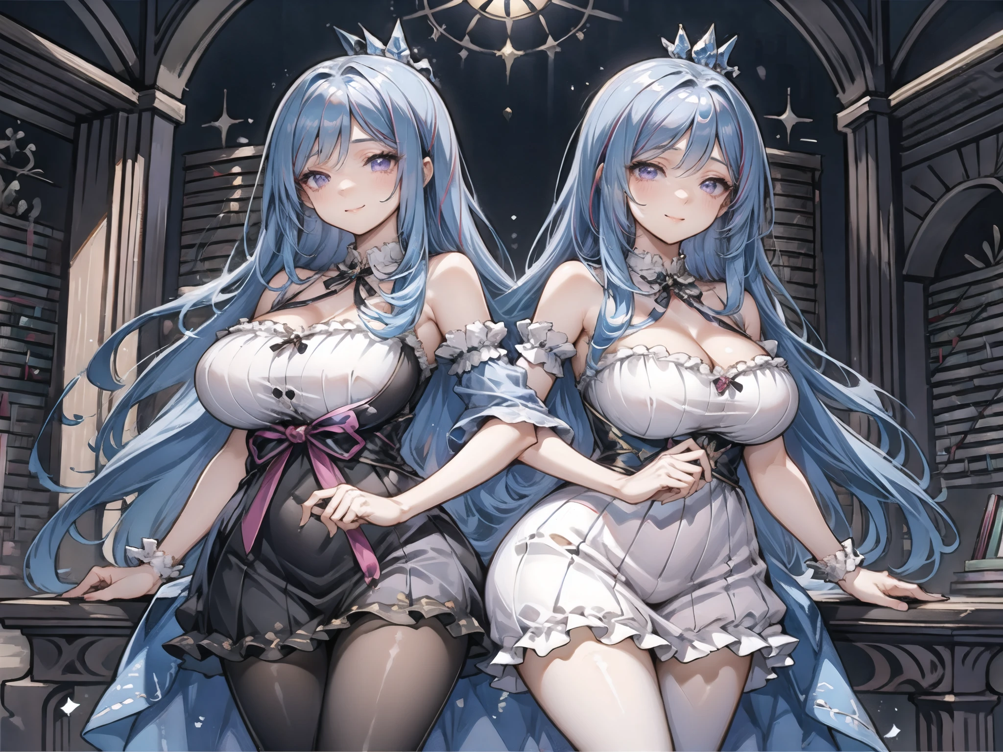 Two women with different hair lengths,(highest quality, 4k, 8k, High resolution,), super detailed, mature woman, adult woman, luxury drawing room interior,(white panties),highest quality, super fine,maximum resolution, very detailed, sexy,beautiful eyes,((princess and queen,princess dress,tiara)),seductive thighs,(over knee socks),(blue hair),cleavage,braided hair,