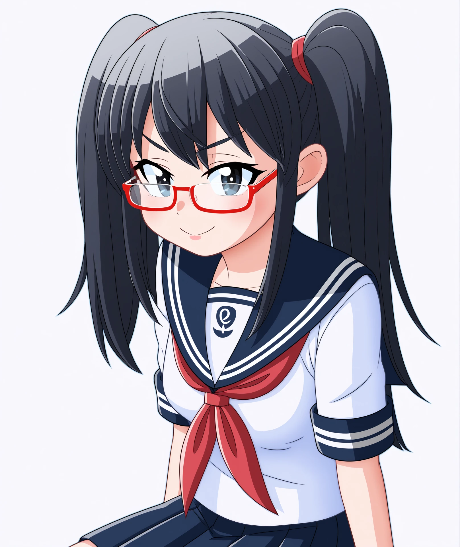 highres, hi res, best quality, masterpiece, 2d, intricate details, official style, anime, 4k, anime style,
1girl, female, solo, glasses, semi-rimless eyewear, 
school uniform, serafuku, sailor collar, sailor fuku, pleated skirt, skirt, white shirt, 
cowboy shot, upper body, sitting, leaning back, looking at viewer, white background, simple background, <lora:Shin1024_Pony:1>,