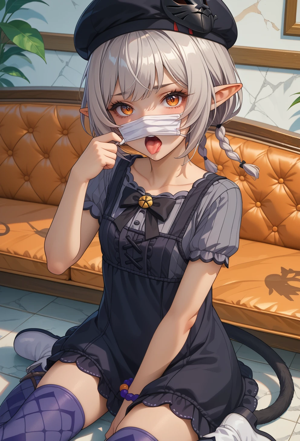 score_9, score_7_up, source_anime, BREAK <lora:AEArchie:0.8> AEArchie, orange eyes, brown eyes, grey hair, short hair, low twintails, twin brainds, pointy ears, animal ears, braid, cat tail, dark-skin, mole under eye, tail bow, black headwear, beret, black bow, grey shirt, short sleeves, black dress, short dress, center frills, bead bracelet, watch, argyle legwear, grey thighhighs, purple thighhighs, blue thighhighs, boots, cross-laced, white footwear, zettai tyoiki, 
hand between legs, indoors, looking at viewer, from above, open mouth, saliva, tongue out, face_focus, (mask pull:1.5),