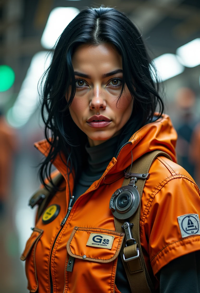 Imagine a photorealistic high-definition close-up portrait depiction of Carys, a beautiful woman with black hair, she is an android with robotic skin and a human face, wearing lose orange overalls with a company logo on the chest pocket, working in a cyberpunk cargo port on a space station