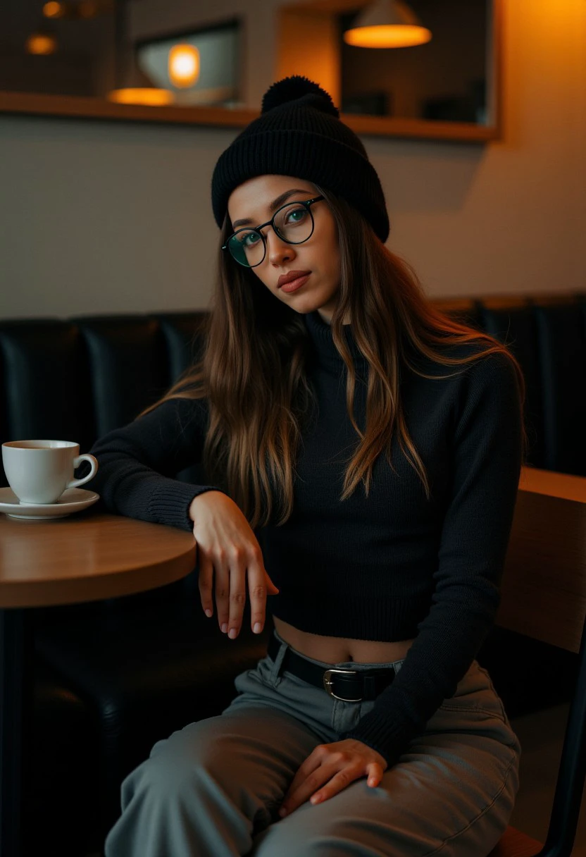 candid photograph of missbo sitting in a dark cafe, wearing a crop top sweater and a beanie hat and baggy pants, PG picture, sfw, wearing round glasses, cinematic