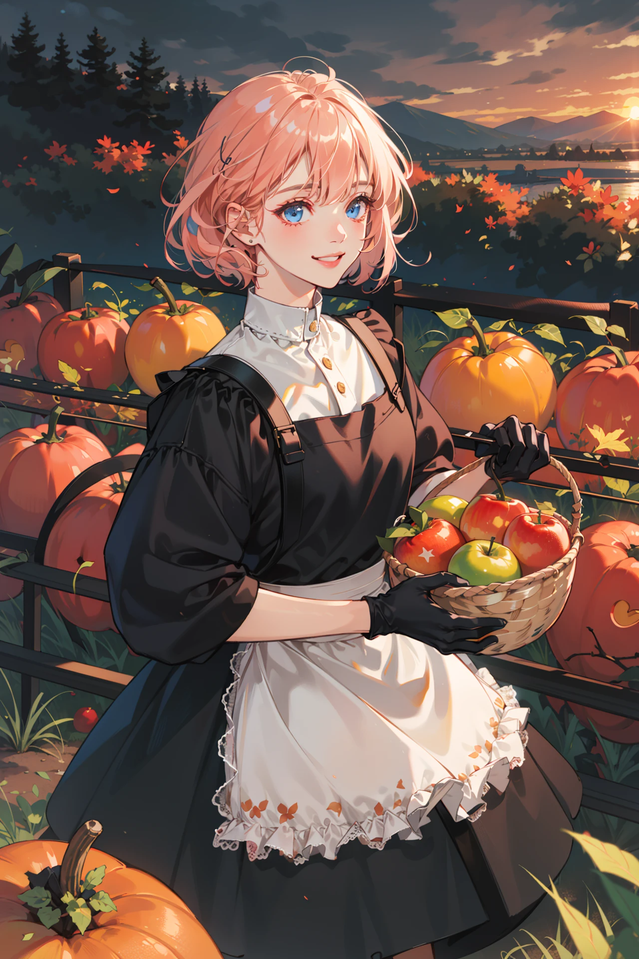 (absurdres, highres, ultra detailed, masterpiece, best quality), cowboy shot, dutch angle, finely detailed eyes and detailed face, intricate details, complex background, cinematic lighting, 1girl, solo, short hair, Salmon pink hair, blue eyes, depth of field, from directly above, smile, (album cover)
Autumn, orchard, harvest season, Thanksgiving, farmer, apron, gloves, boots, basket full of fruit, fence, fruit tree, apple, persimmon, pumpkin, peaceful, sunset, cloudy sky, maple