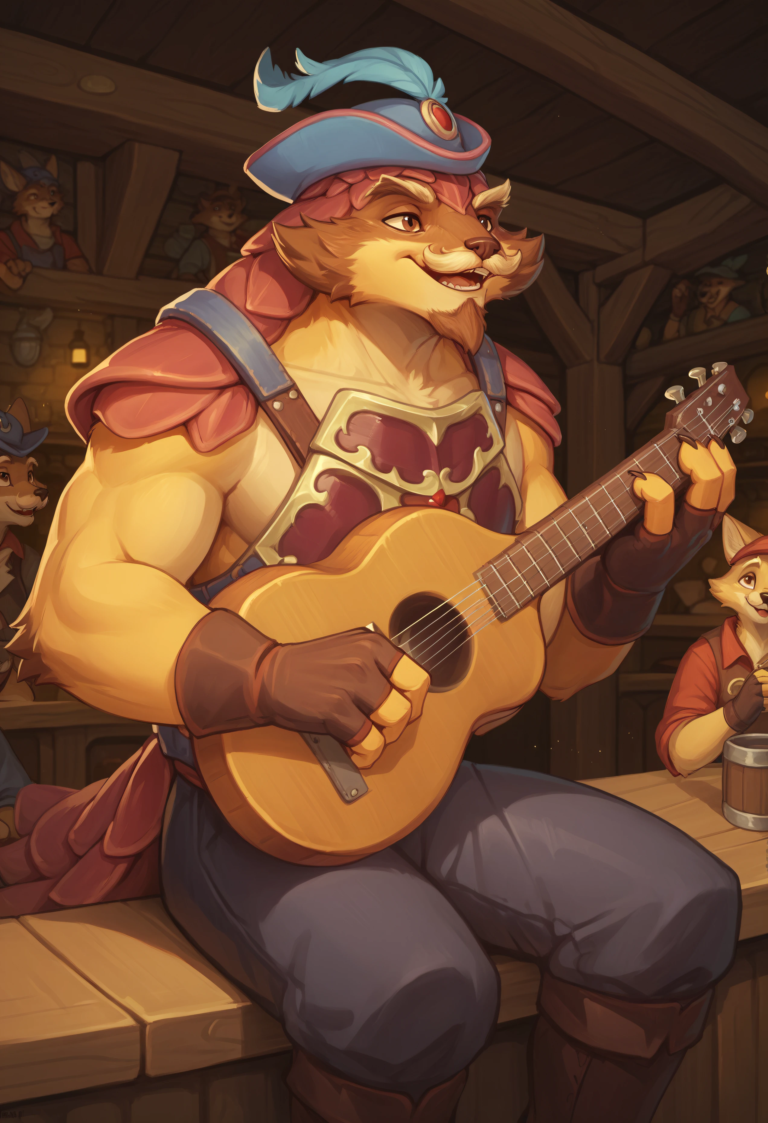 score_9, score_8_up, score_7_up, score_6_up, score_5_up, score_4_up, source_furry BREAK, pangopdxl, 1boy, solo focus, scales, mustache, hat, fingerless gloves, breastplate, brown eyes, furry, sitting, tavern, interior, playing guitar, happy, <lora:Pangolier:0.7>