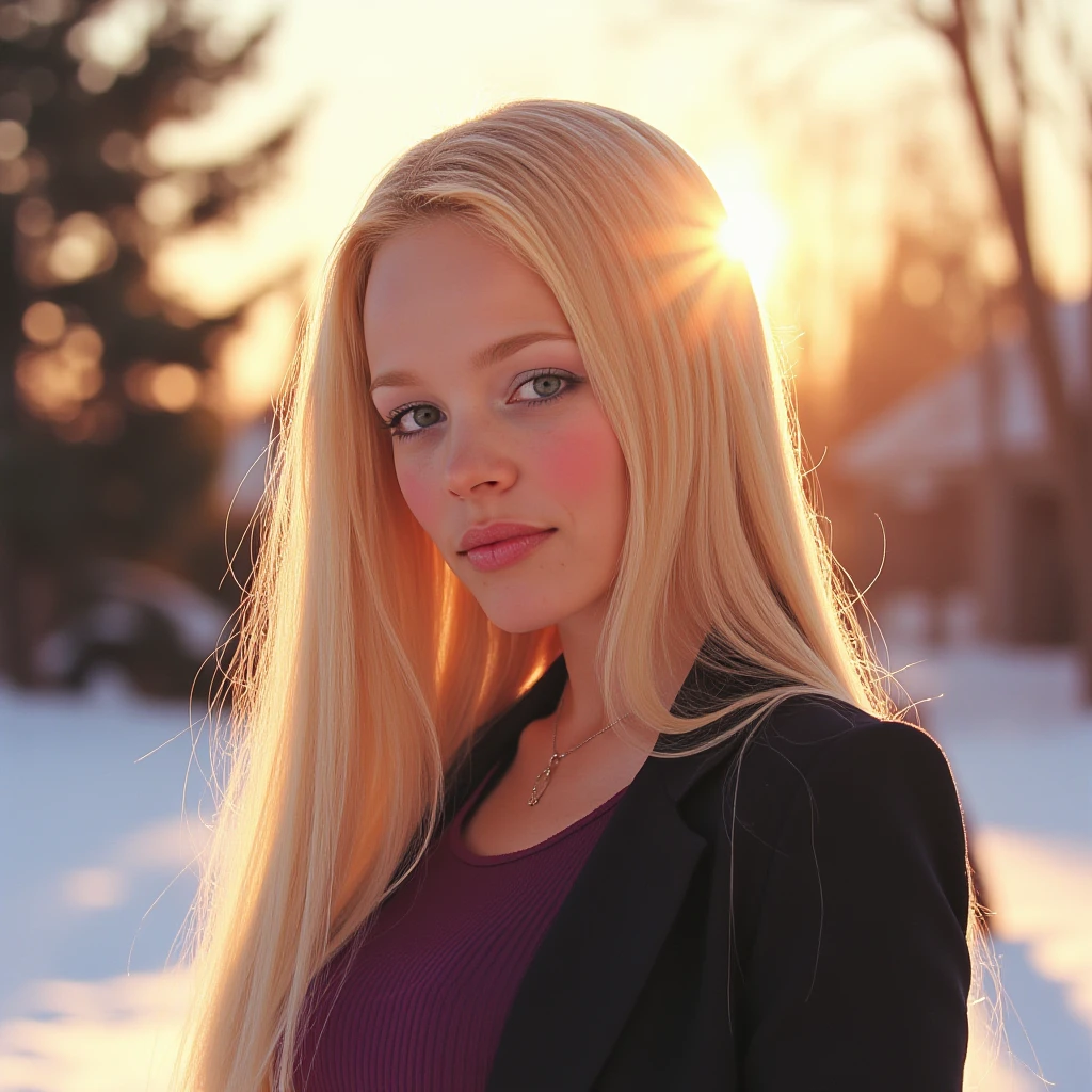 ((Retro 90s Anime style illustration)), r3g1n4, woman, half body shot, light makeup, realistic photo, blonde, in the winter outdoors with silhouette illumination of her hair by evening sunlight. Taken with a ProPhoto iPhone camera, high quality