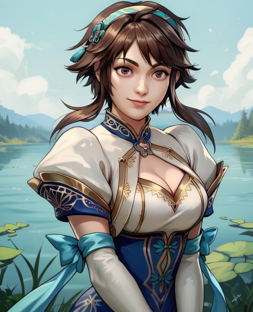 score_9,score_8_up,score_7_up,score_6_up,xianghuaxl,brown eyes,short hair with long locks,
smiling,standing,upper body,
short blue dress,cleavage cutout,hairband,detached sleeves,jewelry,puffy sleeves,
lake,stars,labyrinth,<lora:xianghuaXL:0.9>,