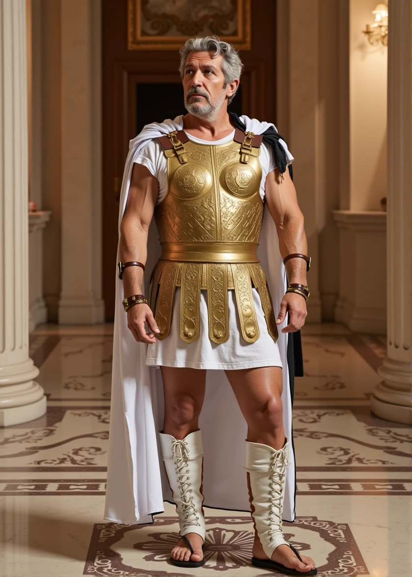 Masterpiece, denoise, void noise, one man, best quality, 8k resolution, male focus, focus only, amazing composition, volumetric lighting, super quality, elegant, Very detailed, front view, -----------, 35 years old, mature face, muscular, (((Caucasian white man))), (((white skin)), ((pale skin))), very handsome, (detailed light-blue eyes), ((dark brown hair)), big ears, (hairy chest), (scruffy beard), ((pink nipples)), ((perky nipples)) ------------, (((gladiator top))), (((green loincloth with gold touches))), (((gold armlet, gold, bracelet, gold anklets))), (((rubbing chest))), (((facing viewer)))