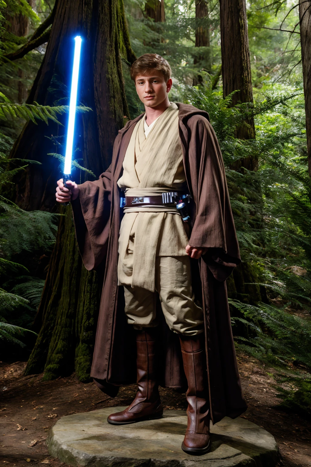 redwood forest, ferns, standing, TroyBrandt is a jedi padawan in jedioutfit, (holding lightsaber), (((full body portrait))), wide angle <lora:jedioutfit:0.65> <lora:starwars:0.25>   <lora:TroyBrandt:0.8>